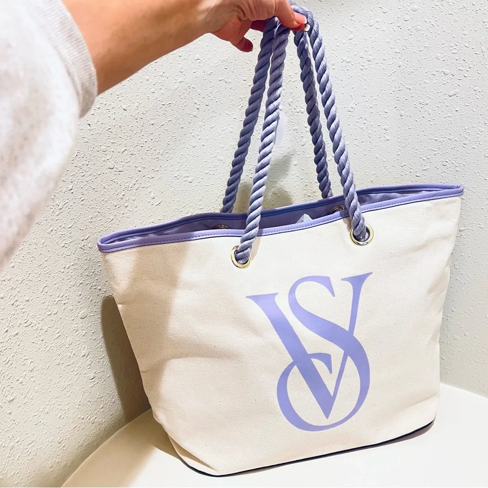 Victoria’s Secret Canvas Cream Lavender Tote Bag OS NWT